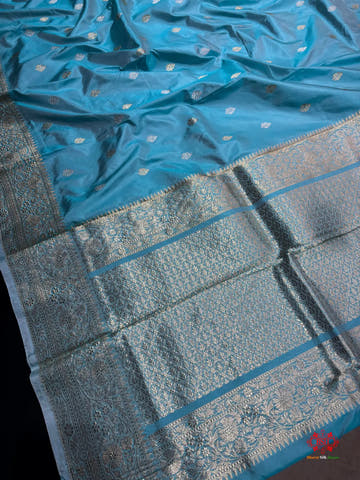 Pure Banarasi  Handloom Katan Silk  Antique Dual Zari Saree In Shades Of Firozi - Pure Kataan Silk -