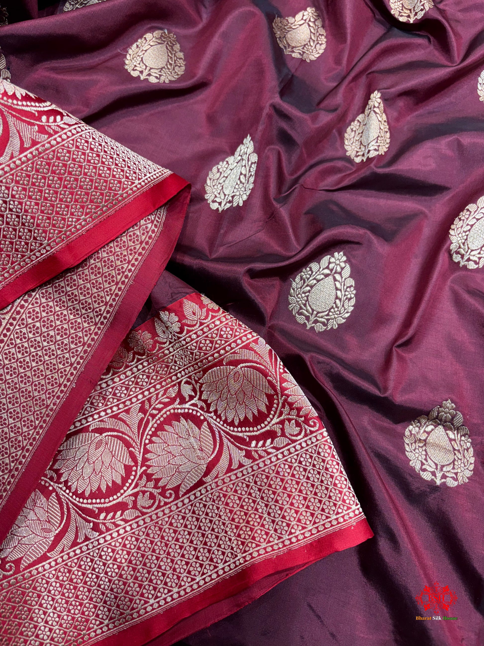 Pure Banarasi  Handloom Katan Silk  Antique Zari Saree In Shades Of Garnet - Pure Kataan Silk - 