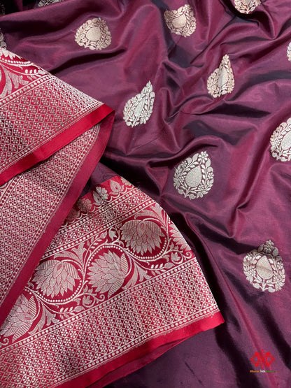 Pure Banarasi  Handloom Katan Silk  Antique Zari Saree In Shades Of Garnet - Pure Kataan Silk -