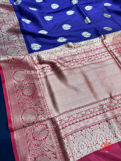 Blue Shade Pure Banarasi Tusser Moonga Silk Saree - Pure Kataan Silk - 