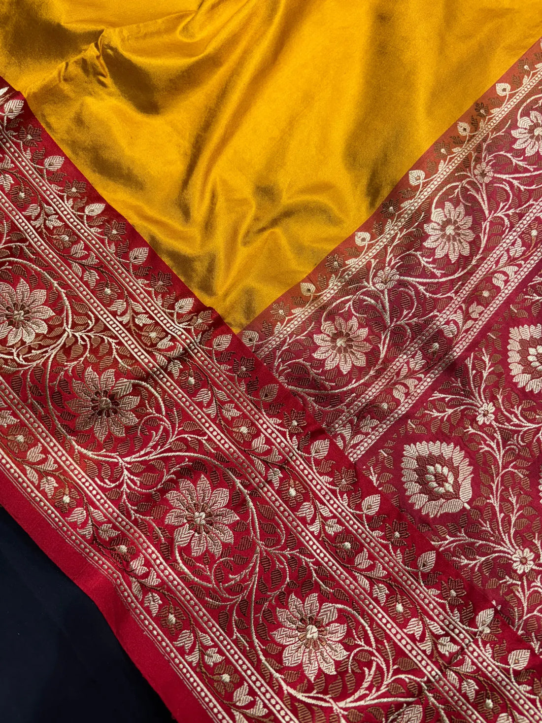 Pure Banarasi  Handloom Katan Silk Reshami Zari Saree In Shades Of Mustard Yellow With Red Border - Pure Kataan Silk -