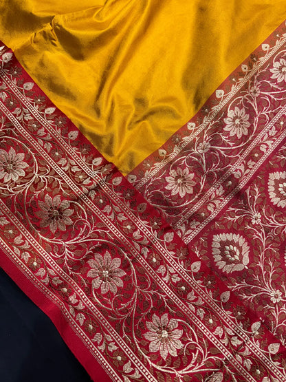 Pure Banarasi  Handloom Katan Silk Reshami Zari Saree In Shades Of Mustard Yellow With Red Border - Pure Kataan Silk -