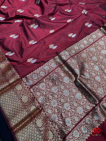Pure Banarasi Handloom Katan Silk Antique Dual Zari Saree In Shades Of Maroon - Pure Kataan Silk -