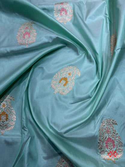 Pure Banarasi  Handloom Katan Silk Antique Zari Meenakari Saree In Shades Of Firozi - Pure Kataan Silk -