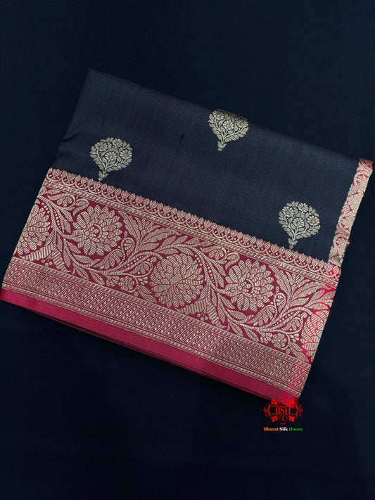Black Shade Pure Banarasi Tusser Moonga Silk Saree - Pure Kataan Silk - 