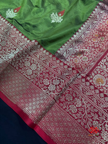 Pure Banarasi  Handloom Katan Silk Antique Zari Meenakari Saree In Shades Of Green - Pure Kataan Silk -