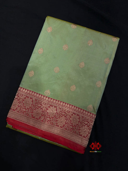 Pure Banarasi  Handloom Katan Silk Antique Zari Saree In Shades Of Pista - Pure Kataan Silk - 
