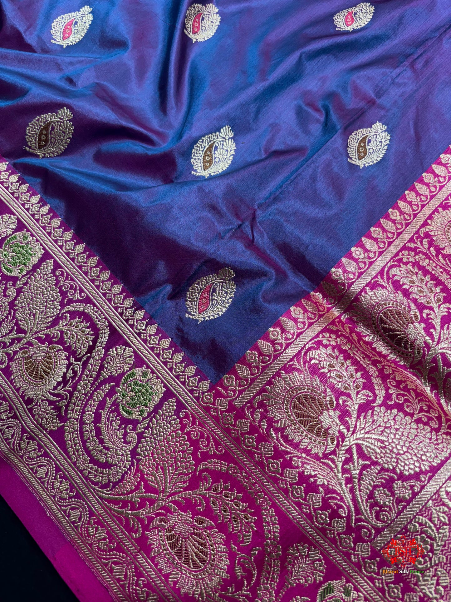 Pure Banarasi  Handloom Katan Silk Antique Meena Zari Saree In Cross Shades Of Blue/Pink - Pure Kataan Silk - 
