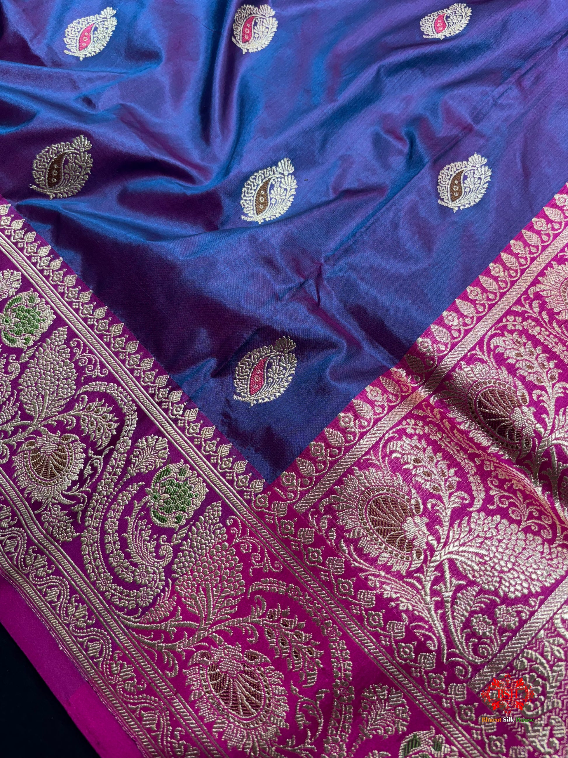 Pure Banarasi  Handloom Katan Silk Antique Meena Zari Saree In Cross Shades Of Blue/Pink - Pure Kataan Silk - 