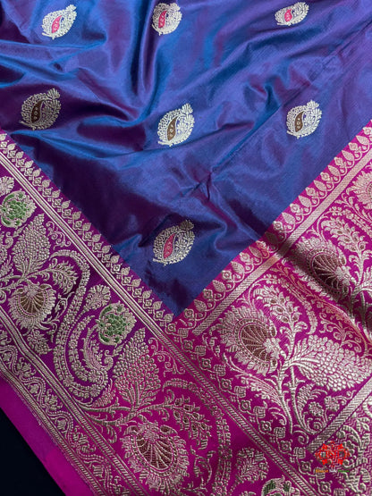 Pure Banarasi  Handloom Katan Silk Antique Meena Zari Saree In Cross Shades Of Blue/Pink - Pure Kataan Silk -