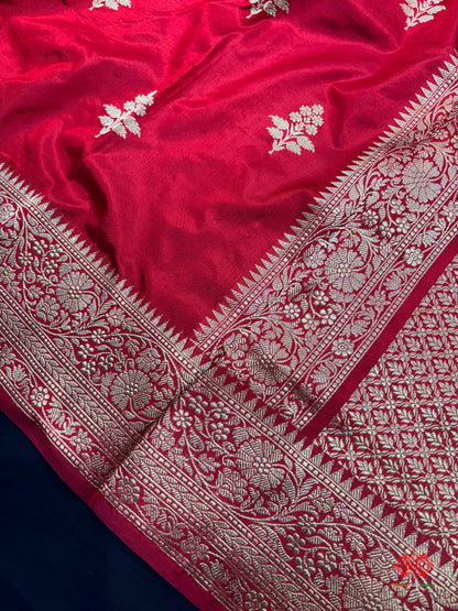 Pure Banarasi  Handloom Katan Silk Antique Zari Saree In Shades Of Red - Pure Kataan Silk - 