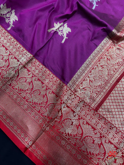 Pure Banarasi  Handloom Katan Silk  Antique Dual Zari Saree In Shades Of Wine - Pure Kataan Silk - 