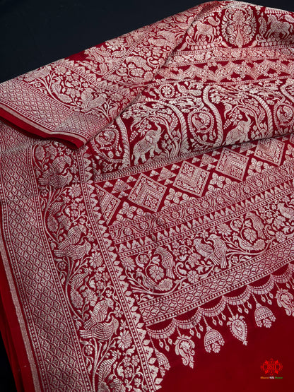 Pure Silk Crape Khaddi Georgette Saree With Antique Zari In Shades Of Blush Red -  - 