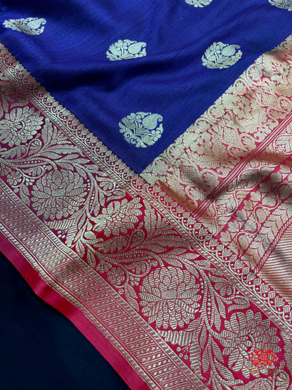 Blue Shade Pure Banarasi Tusser Moonga Silk Saree - Pure Kataan Silk - 