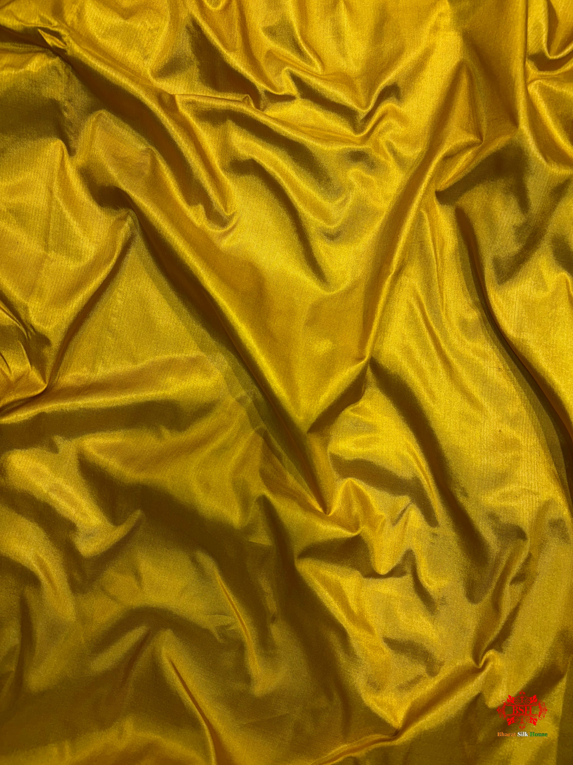 Pure Banarasi  Handloom Katan Silk Reshami Zari Saree In Shades Of Mustard Yellow With Red Border - Pure Kataan Silk - 