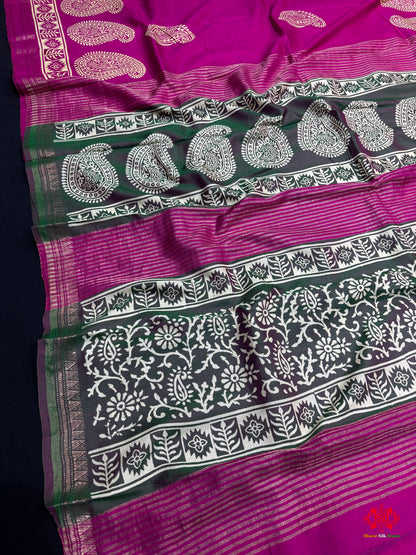 Pink With Green Pallu Pure Katan Lightweight Digital Art Summer Wear Saree
