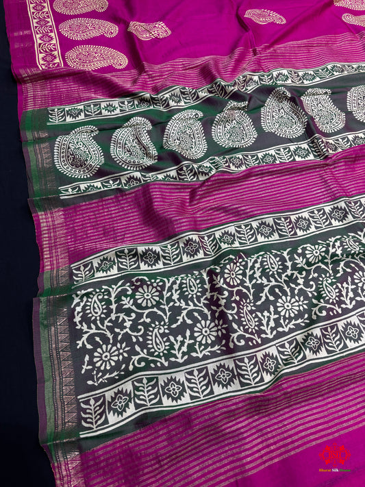 Pink With Green Pallu Pure Katan Lightweight Digital Art Summer Wear Saree - katan silk - 