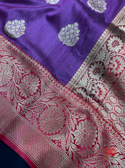Blue Shade Pure Banarasi Tusser Moonga Silk Saree - Pure Kataan Silk - 