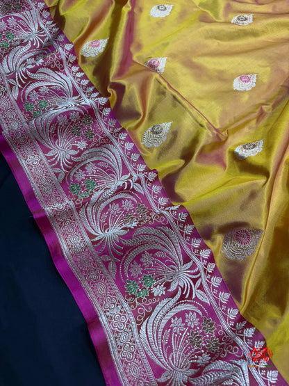 Pure Banarasi  Handloom Katan Silk Antique Meena Zari Saree In Cross Shades Of Yellow/Pink - Pure Kataan Silk -