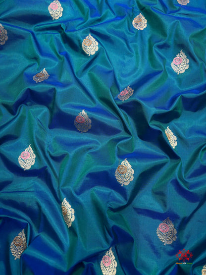 Pure Banarasi  Handloom Katan Silk Antique Meena Zari Saree In Shades Of Blue - Pure Kataan Silk - 
