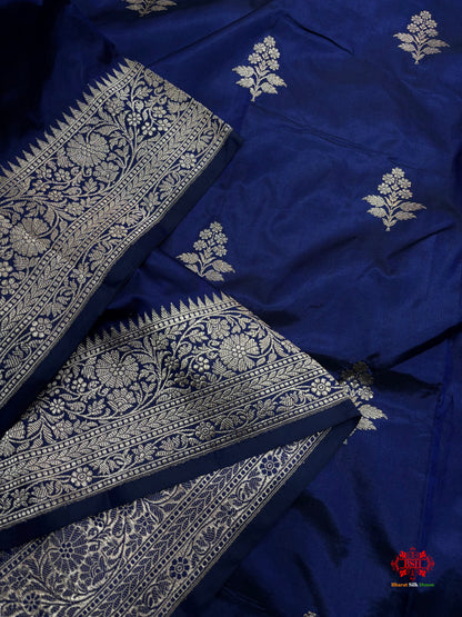 Pure Banarasi  Handloom Katan Silk Antique Zari Saree In Shades Of Blue - Pure Kataan Silk - 