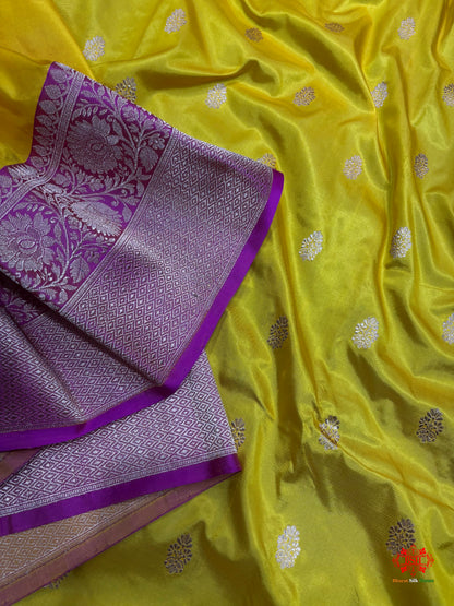 Pure Banarasi  Handloom Katan Silk Antique Zari Saree In Shades Of Yellow - Pure Kataan Silk - 