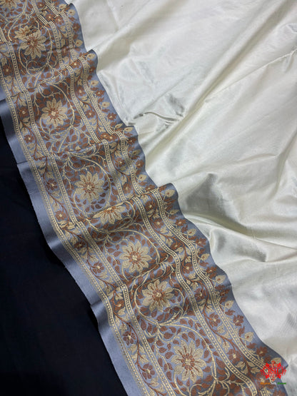 Pure Banarasi  Handloom Katan Silk  Reshami Zari Saree In Shades Of Off White With Grey Border - Pure Kataan Silk - 