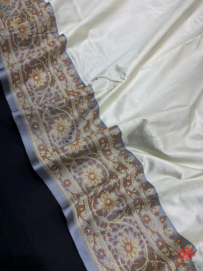 Pure Banarasi  Handloom Katan Silk  Reshami Zari Saree In Shades Of Off White With Grey Border - Pure Kataan Silk -