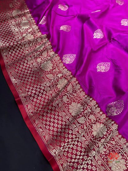 Pure Banarasi  Handloom Katan Silk Antique Zari Saree In Shades Of Pink - Pure Kataan Silk -
