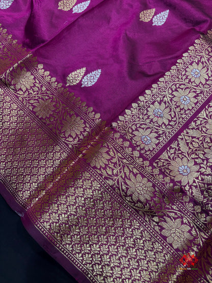 Pure Banarasi  Handloom Katan Silk  Antique Dual Zari Saree In Shades Of Wine - Pure Kataan Silk - 