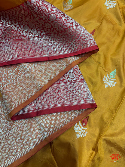 Pure Banarasi  Handloom Katan Silk Antique Zari Meenakari Saree In Shades Of Mustard - Pure Kataan Silk - 