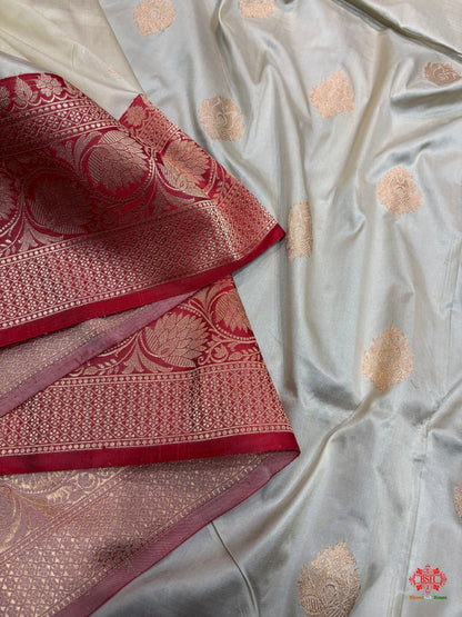 Pure Banarasi  Handloom Katan Silk  Antique Zari Saree In Shades Of White - Pure Kataan Silk - 