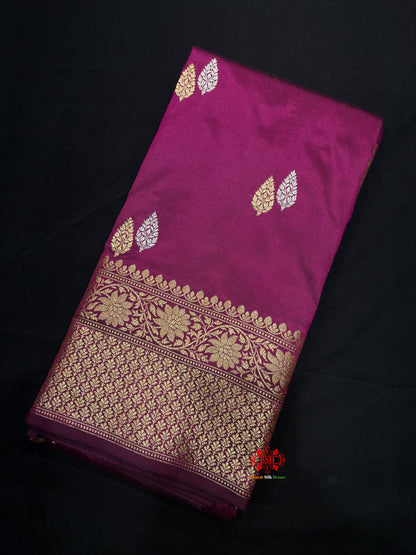 Pure Banarasi  Handloom Katan Silk  Antique Dual Zari Saree In Shades Of Wine - Pure Kataan Silk - 