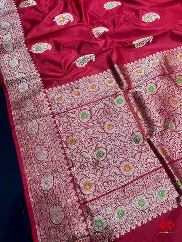 Pure Banarasi  Handloom Katan Silk Antique Zari Meenakari Saree In Shades Of Red - Pure Kataan Silk -