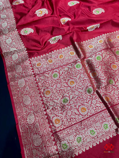 Pure Banarasi  Handloom Katan Silk Antique Zari Meenakari Saree In Shades Of Red - Pure Kataan Silk -