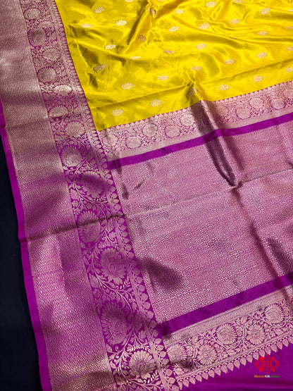Pure Banarasi  Handloom Katan Silk Antique Zari Saree In Shades Of Yellow - Pure Kataan Silk - 