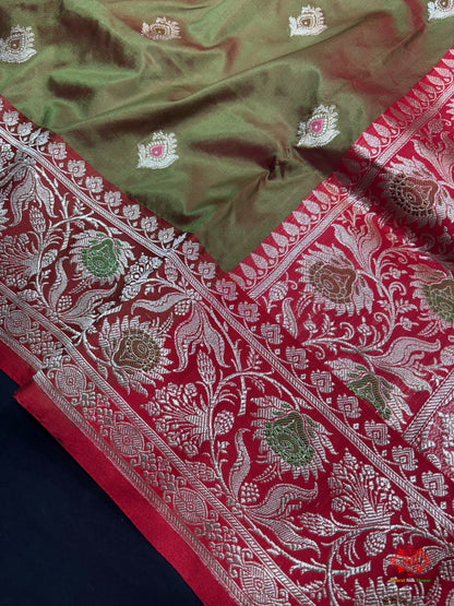 Pure Banarasi  Handloom Katan Silk Antique Meena Zari Saree In Cross Shades Of Green/Red - Pure Kataan Silk - 