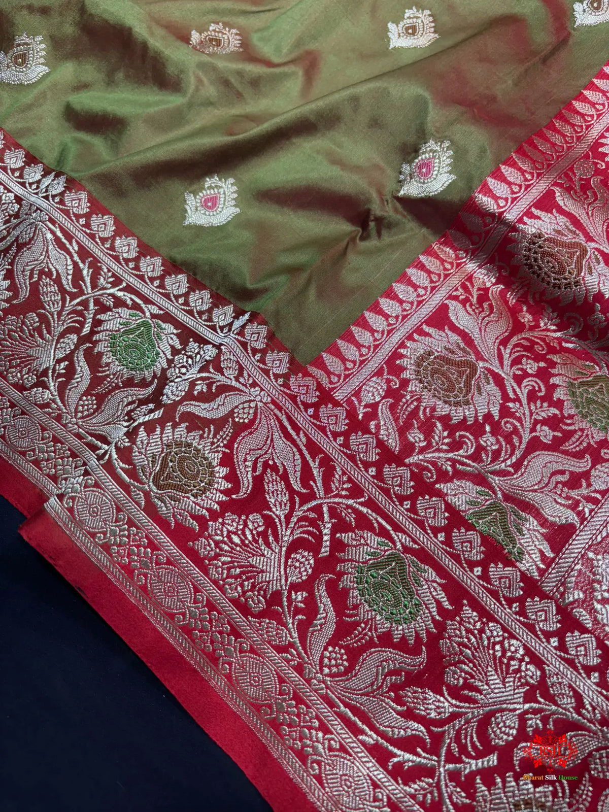Pure Banarasi  Handloom Katan Silk Antique Meena Zari Saree In Cross Shades Of Green/Red - Pure Kataan Silk -