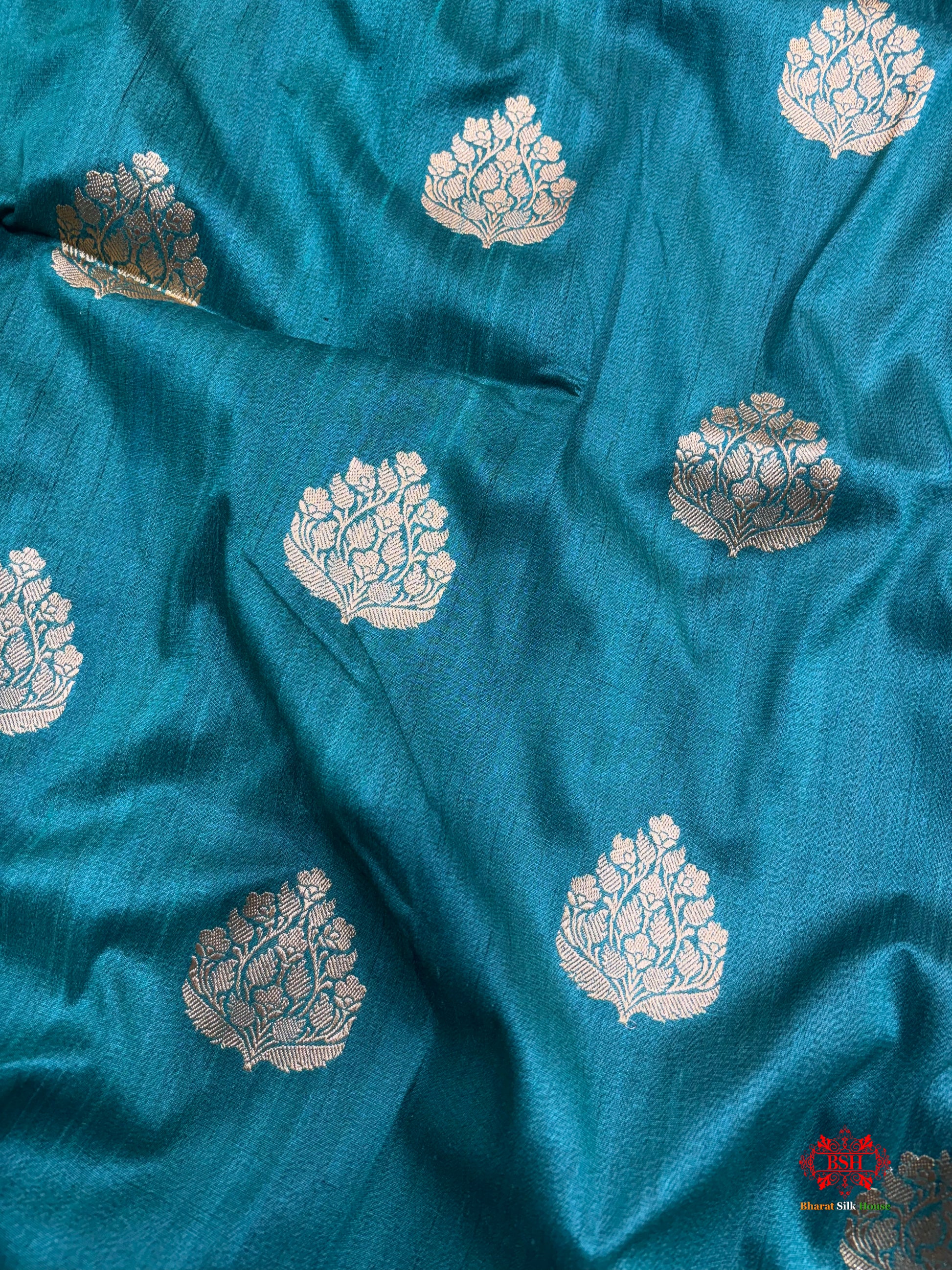 Blue Shade Pure Banarasi Tusser Moonga Silk Saree - Pure Kataan Silk - 
