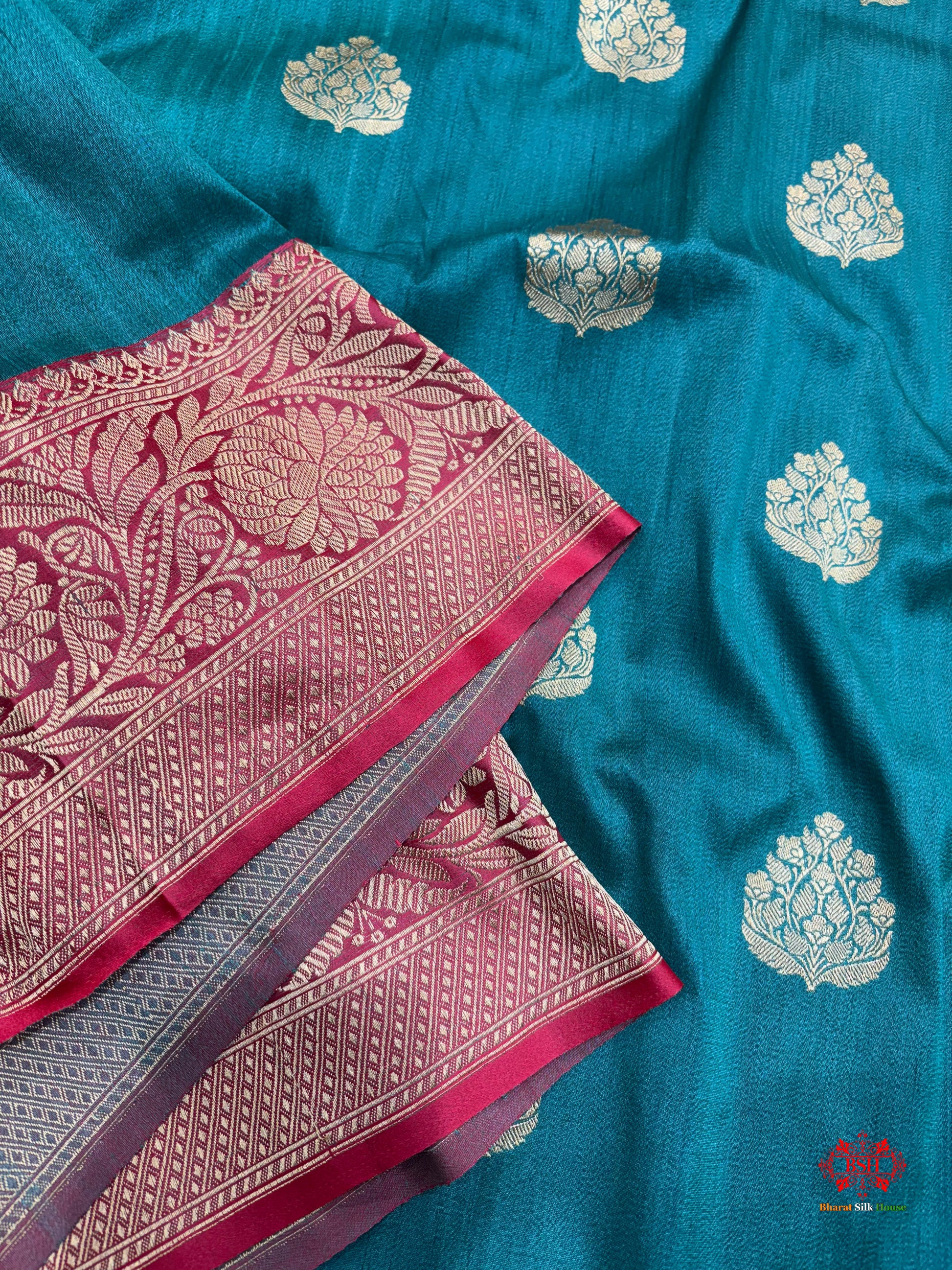 Blue Shade Pure Banarasi Tusser Moonga Silk Saree - Pure Kataan Silk - 