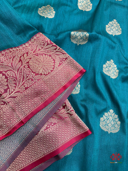 Blue Shade Pure Banarasi Tusser Moonga Silk Saree - Pure Kataan Silk - 