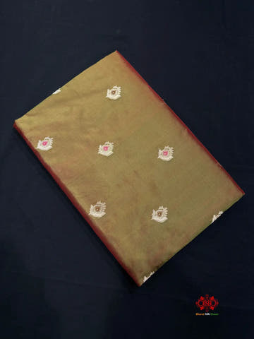 Pure Banarasi  Handloom Katan Silk Antique Meena Zari Saree In Cross Shades Of Green/Red - Pure Kataan Silk -