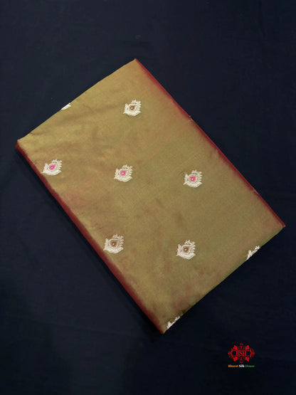 Pure Banarasi  Handloom Katan Silk Antique Meena Zari Saree In Cross Shades Of Green/Red - Pure Kataan Silk -