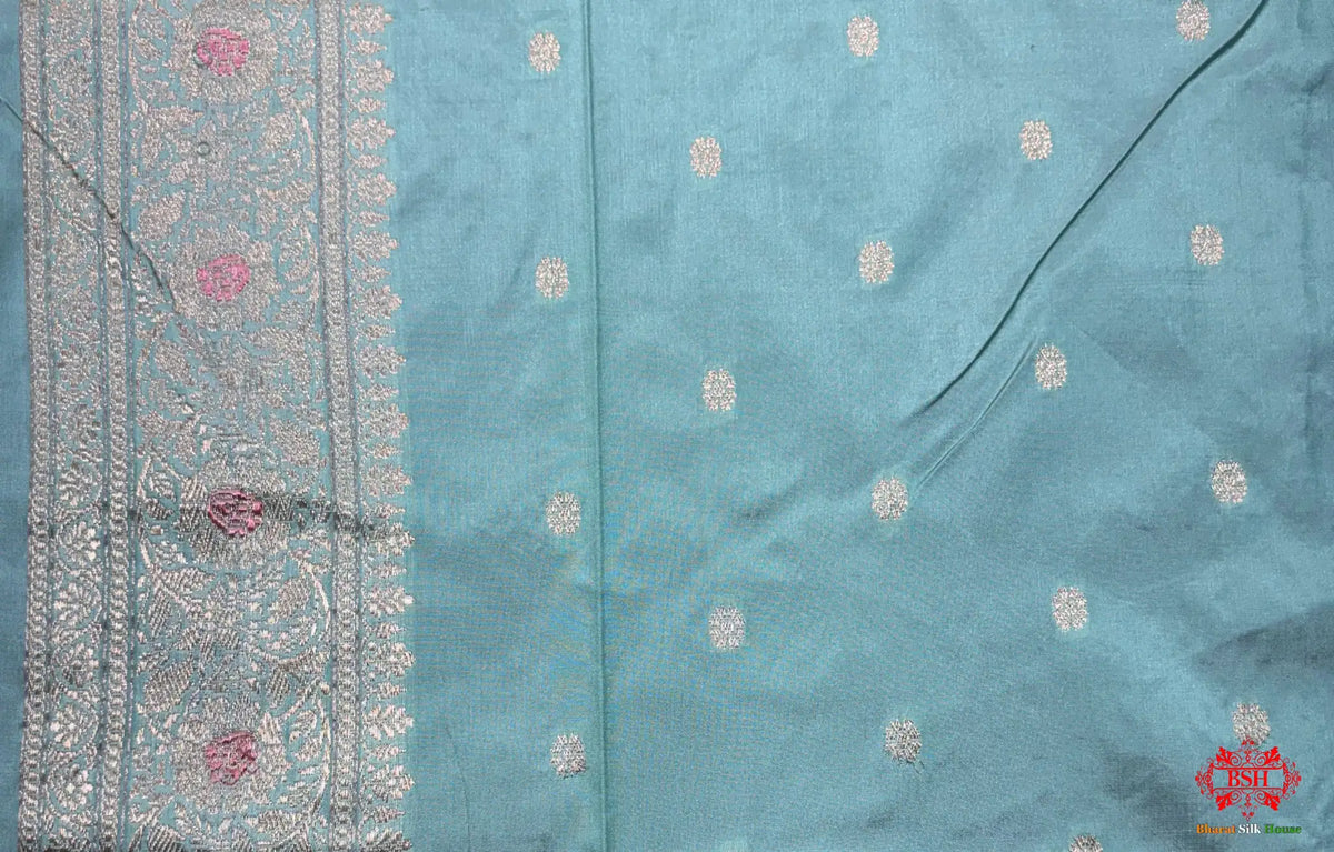 Pure Banarasi  Handloom Katan Silk Antique Zari Meenakari Saree In Shades Of Firozi - Pure Kataan Silk -
