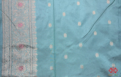 Pure Banarasi  Handloom Katan Silk Antique Zari Meenakari Saree In Shades Of Firozi - Pure Kataan Silk -