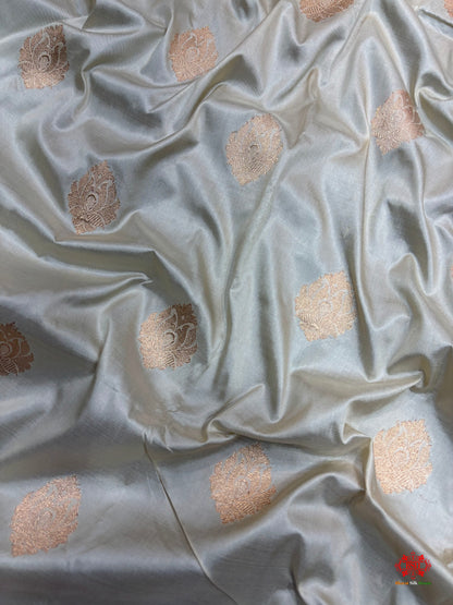 Pure Banarasi  Handloom Katan Silk  Antique Zari Saree In Shades Of White - Pure Kataan Silk - 