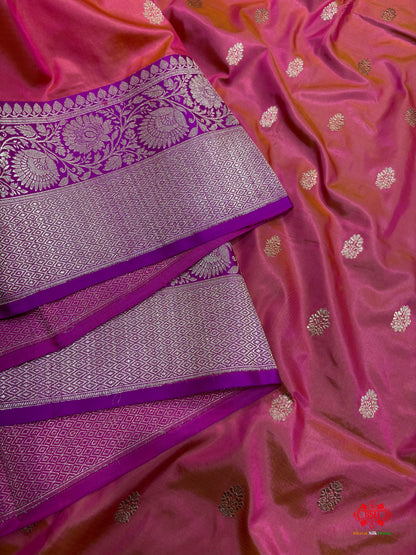 Pure Banarasi  Handloom Katan Silk Antique Zari Saree In Cross Shades Of Pink/Orange - Pure Kataan Silk - 