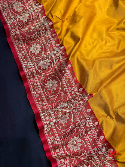 Pure Banarasi  Handloom Katan Silk Reshami Zari Saree In Shades Of Mustard Yellow With Red Border - Pure Kataan Silk -