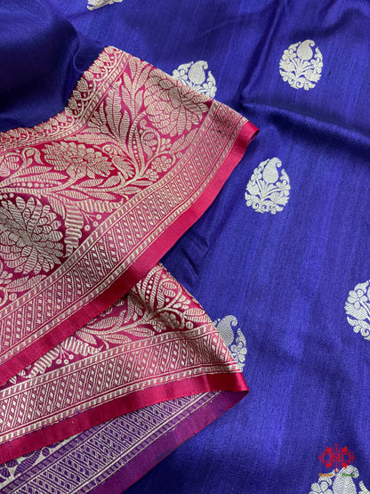 Blue Shade Pure Banarasi Tusser Moonga Silk Saree - Pure Kataan Silk -