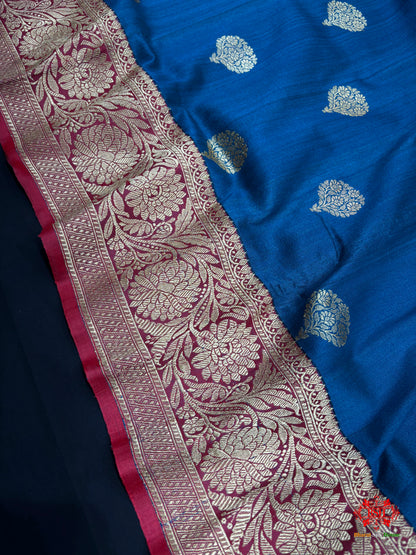 Blue Shade Pure Banarasi Tusser Moonga Silk Saree - Pure Kataan Silk - 